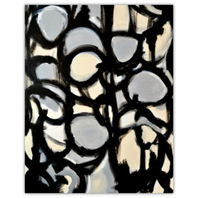 William Haffner Orbs painting abstract composition of circles in gray black and cream colors