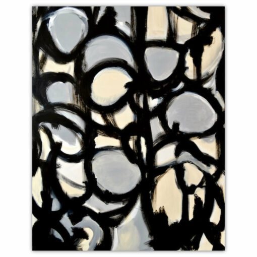 William Haffner Orbs painting abstract composition of circles in gray black and cream colors