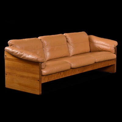 Cognac leather and solid teak wood Danish sofa by Mikael Laursen