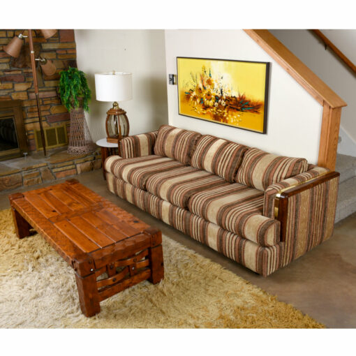 Deville Post Modern striped beige and brown sofa with wood and gold accent
