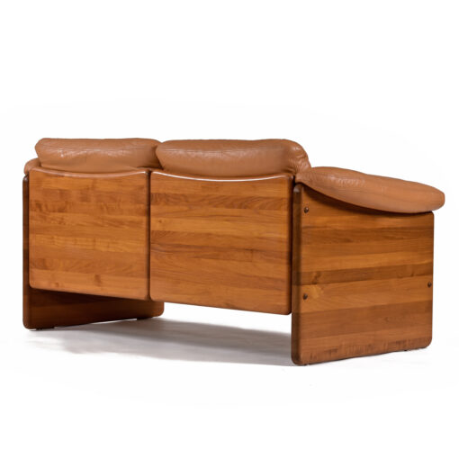 Solid teak wood and leather love seat sofa by Mikael Laursen