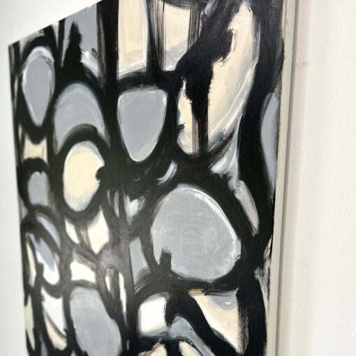Close up of William Haffner black white and gray large scale Orbs abstract painting