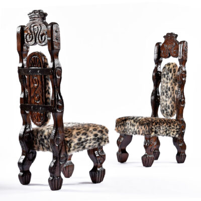 Witco tiki throne chairs in faux leopard fur