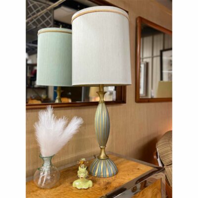 Rembrandt gold and teal Mid-Century Modern table lamp on burl credenza by Pace Collection