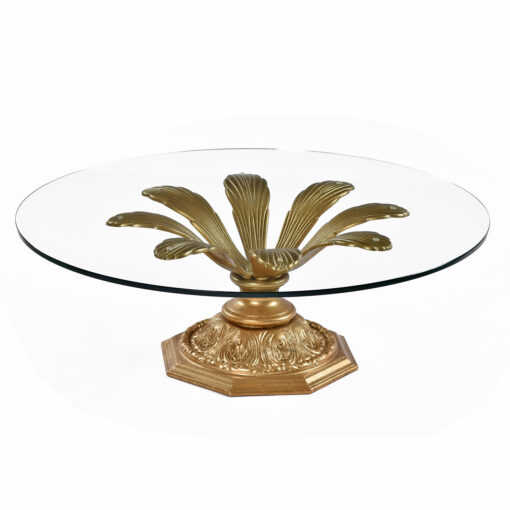 Gold flower vintage coffee table with round glass