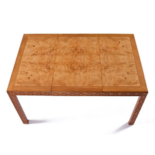 Expanding square to rectangle burl wood dining table