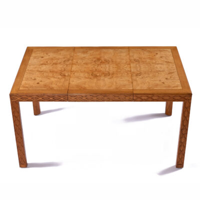 Expanding square burl wood dining table