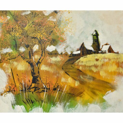 Mid-Century Modern homestead painting with tree and home