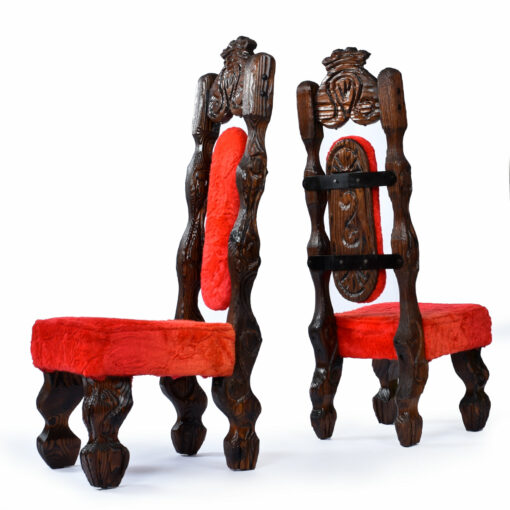 Back view of Witco red fur tiki chairs with iron cladding