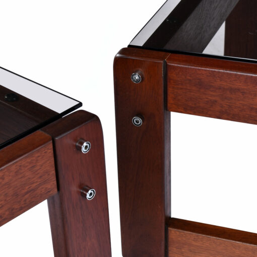 Unique bolts are part of the design on these Percival Lafer rosewood end tables