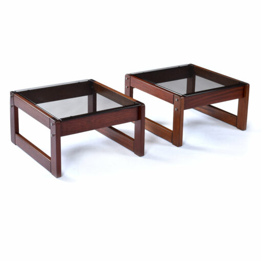 Pair of Post Modern vintage 1970s low profile Brazilian Modern rosewood and glass side tables by Percival Lafer