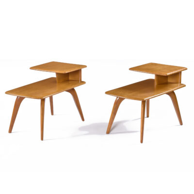 Pair of refinished table tops on Heywood Wakefield step tables in wheat finish