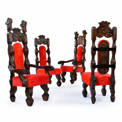 Set of four Witco tiki dining chairs in original red fur