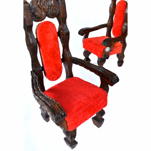 Freshly steam cleaned original red fur upholstery on Witco throne chairs