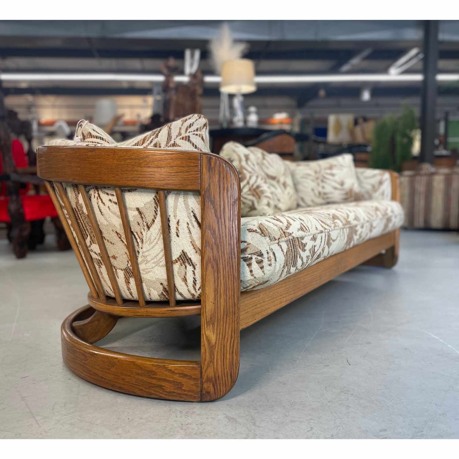 Howard Curved Barrel Shaped Spindle Back Solid Oak Wood Frame Sofa